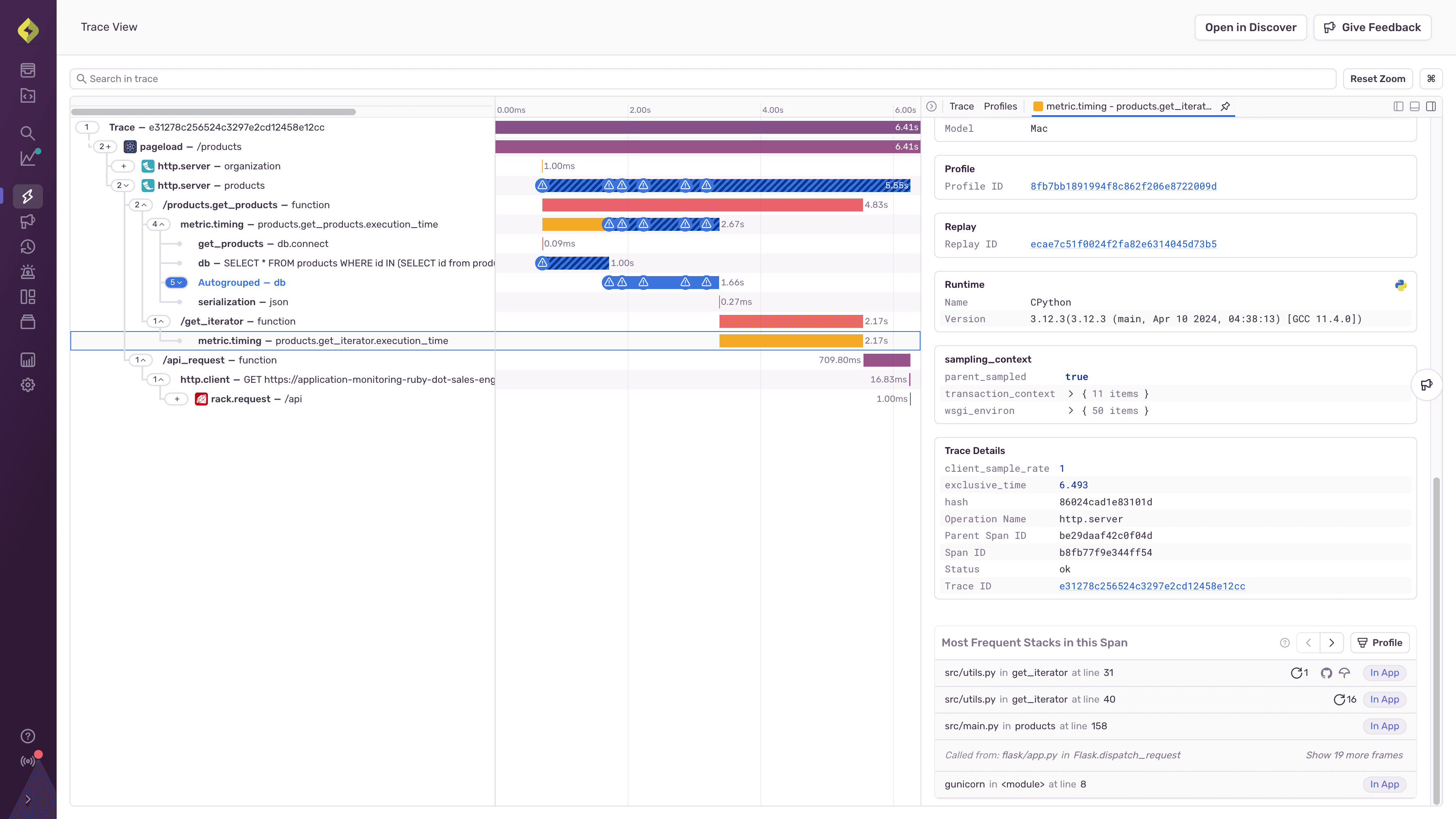 Transaction showing call stack data from a profile